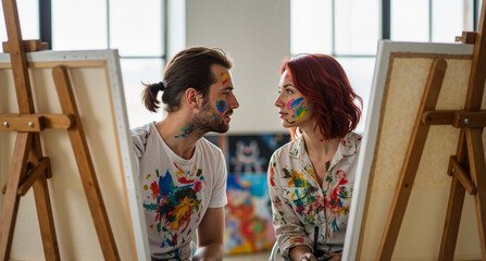 Romantic studio moment, two artists covered in paint stains sharing a quiet glance between easels and colorful canvases with soft daylight

