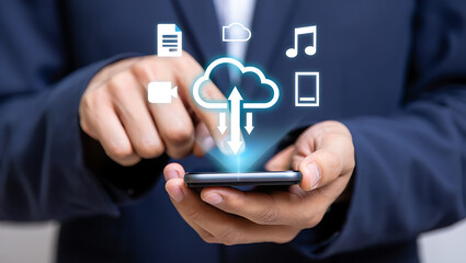 Businessman interacting with a digital social network interface on a touchscreen mobile device