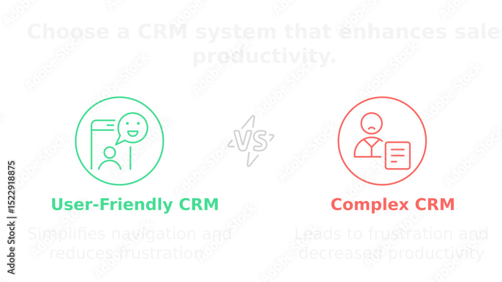 Poster crm system options: a concise diagram showcasing two distinct crm system choices, user-friendly vs. 