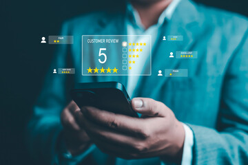 Customers rate their satisfaction digitally with virtual icons for positive reviews, customer service, and online consumer interactions on a service business platform. Customer Digital Survey Reviews
