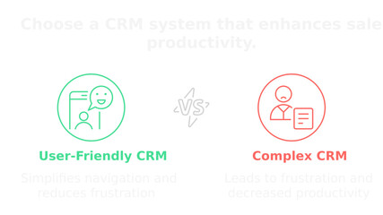 CRM System Options: A concise diagram showcasing two distinct CRM system choices, User-Friendly vs. Complex, and highlighting the advantages of each system in clear, modern style.
