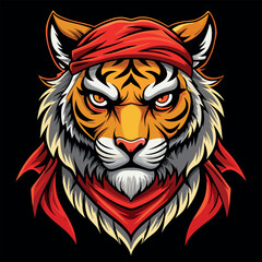 Obraz premium Fierce Tiger Head with Red Bandana and Scarf on Black Background Vector Art