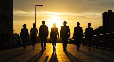 Business Team Silhouetted at Sunset: Leadership, Unity, and Professional Success