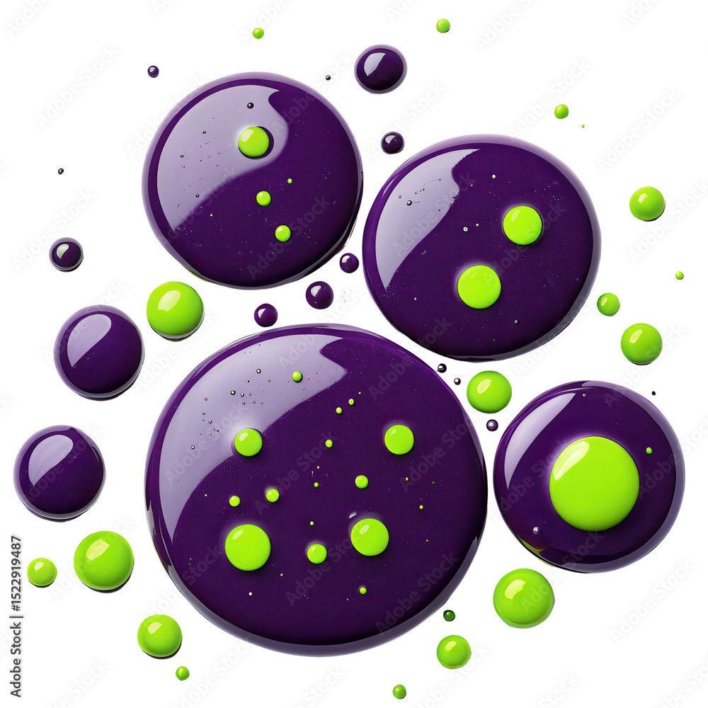 Poster clusters of glossy purple and green paint droplets arranged in a circular pattern.