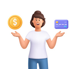 Young smiling woman Jane holding credit debit card and gold coin with dollar sign. Finance, business, payment and investment  concept.  3d vector people character. Cartoon minimal style.