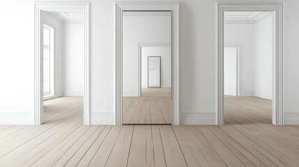 Interior of modern bright room with white walls, wooden floor and white doors.