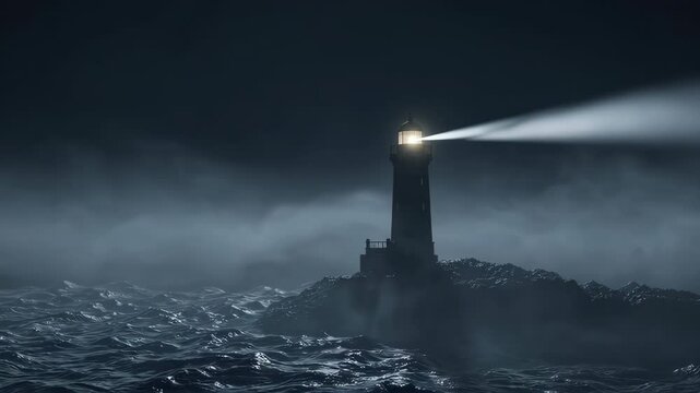 Lighthouse shining its beam on stormy dark ocean at night