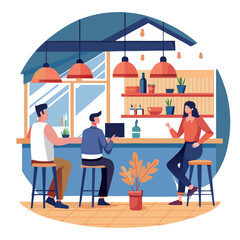 Naklejka premium Friends Enjoying Drinks at Cozy Bar Stylish Interior, Warm Lighting, Relaxed Atmosphere