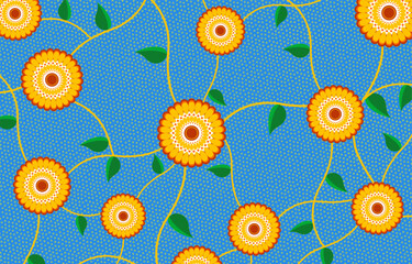 African Wax Print fabric, Ethnic handmade textile for your design, Afro Ethnic flowers and tribal motifs geometric elements. Vector texture, Africa ornament pattern Ankara fashion style