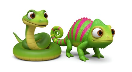 Fototapeta premium 3D cartoon snake and chameleon characters