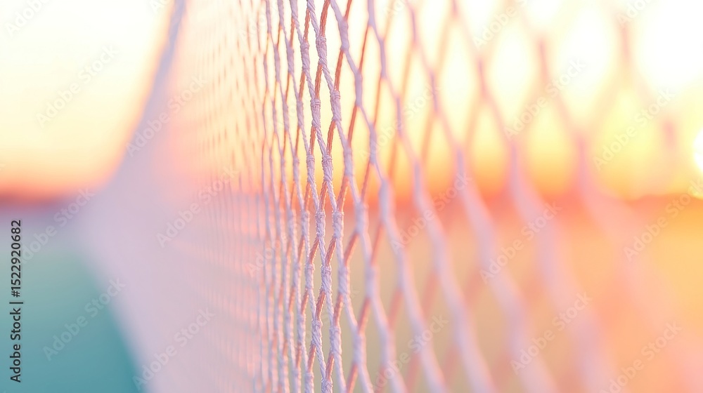 Poster goal net shadows on artificial grass, warm golden-hour light illuminating intricate patterns, evokin