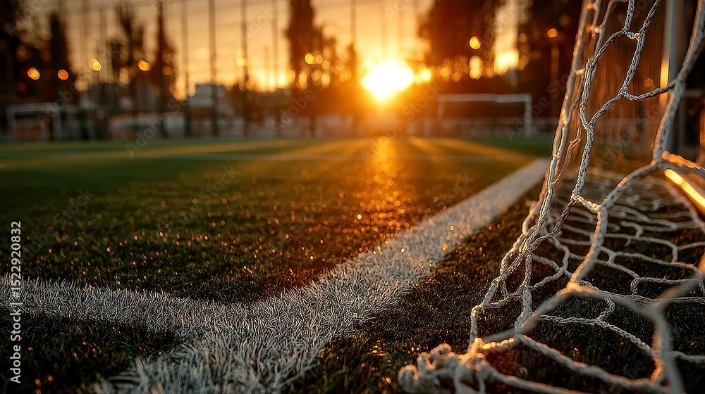 Poster goal net shadows on artificial grass, close-up view of intricate net patterns illuminated by warm go