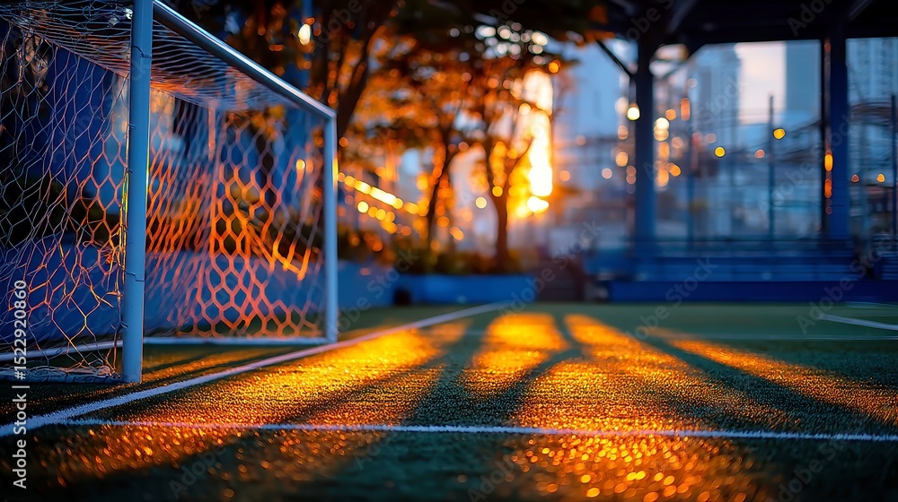 Poster goal net shadows on artificial grass, warm golden-hour light illuminating an empty stadium, intricat