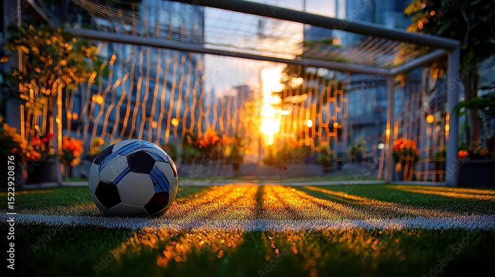 Poster goal net shadows on artificial grass, warm golden-hour light illuminating an empty stadium, intricat