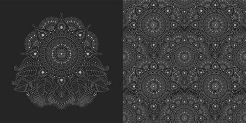 Abstract seamless pattern and ornament with ethnic ornaments, mandalas. Oriental and Asian-inspired patterns, dark palette
