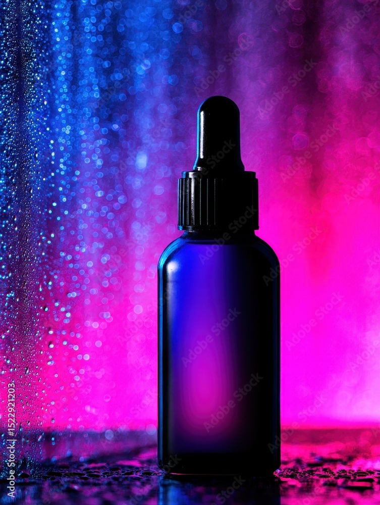 Poster a vibrant dropper bottle illuminated against a colorful backdrop of mist and light, creating a moody