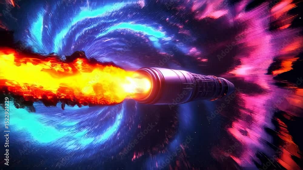 Poster stylized rocket launch with dynamic flames and energy beams creating abstract motion