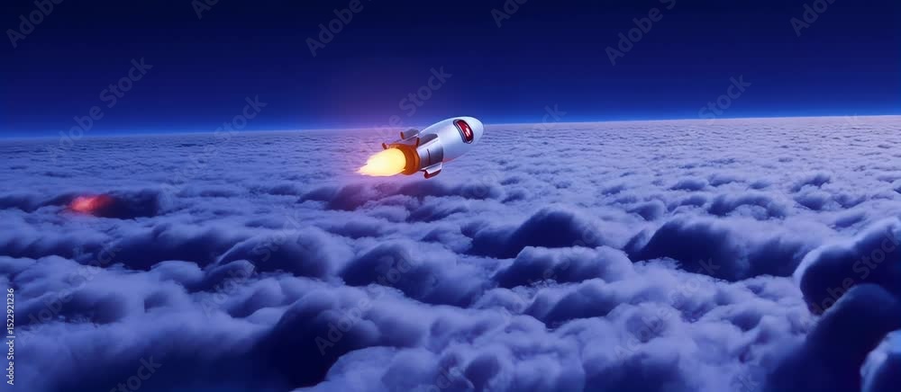 Poster dynamic stylized rockets soaring through clouds with fiery propulsion and glowing trails