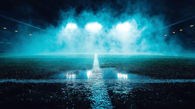 Freshly Painted Soccer Field Line, glistening dewy grass illuminated by stadium lights, minimalist backdrop enhancing the crispness of the scene, inviting focus on details