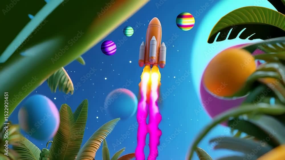Aufkleber stylized rocket launch amid colorful atmosphere with dynamic motion and abstract propulsion