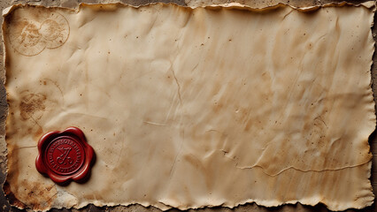 Old parchment with red wax seal and round vintage stamp, perfect for text, invites, or classic design use.