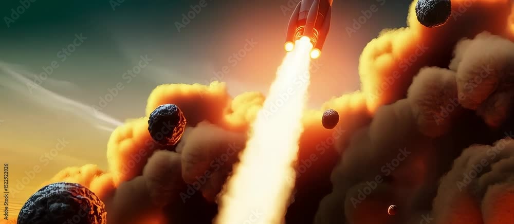 Poster dynamic rocket launch sequence: stylized takeoffs with flames and energy trails
