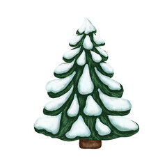 Watercolor illustration of a cute green cartoon Christmas tree with snow on its branches. Hand-painted in a soft, festive style, perfect for holiday-themed designs and decorations