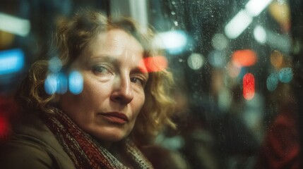 A woman's gaze through a window in the subway, reflections of the city on the glass