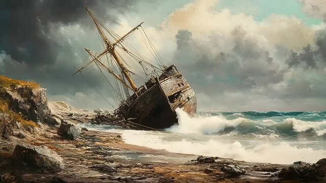 Stranded shipwreck on a rocky beach under a stormy sky with crashing waves and dramatic clouds