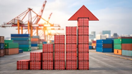 Fototapeta premium Tariff change and Tariff increase impact concept. Stacked shipping containers reshaping into an upward arrow symbolizing rising tariffs.