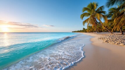 A tranquil tropical beach at sunset, with golden sands, turquoise water, and palm trees gently swaying in the breeze