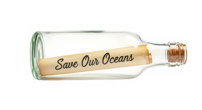 A bottled plea floats: A message urging 'Save Our Oceans' rests inside glass for ocean conservation.