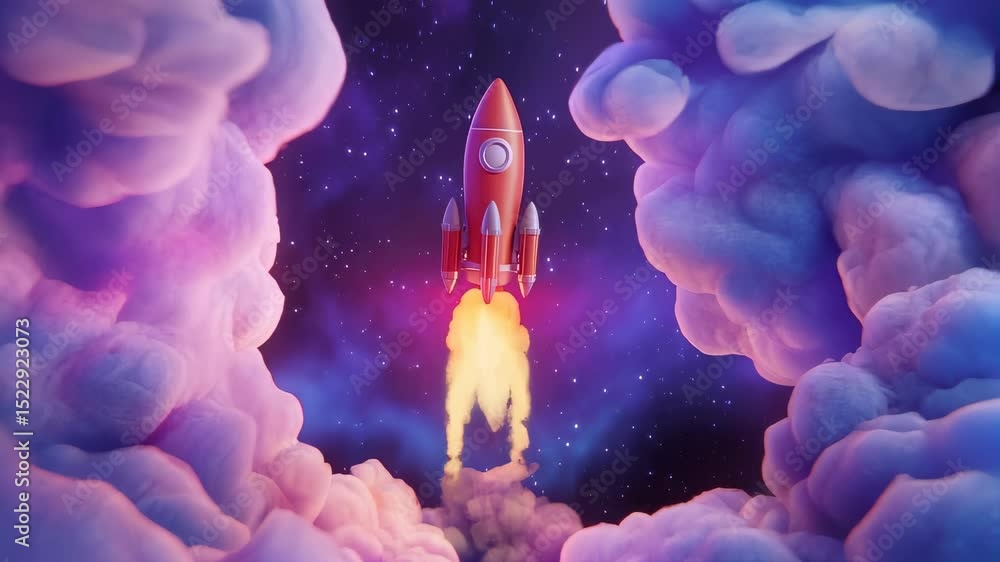Poster dynamic rocket launch sequence with vibrant flames and glowing trails