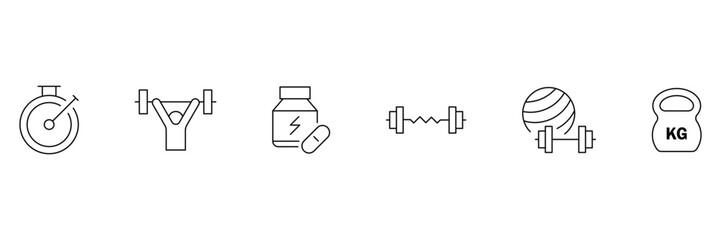 Gym fitness workout training supplement equipment strength muscle barbell stopwatch kettlebell exercise routine icon vector illustration set.
