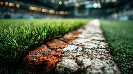 Weathered Rugby Pitch Touchline, close-up of peeling paint on a wooden fence, worn grass revealing layers of history, evoking the spirit of countless matches played.