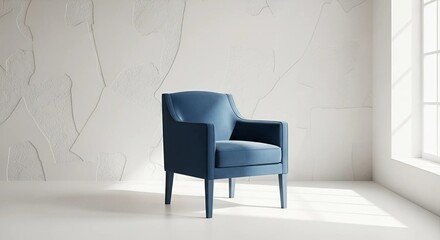 Blue Chair in Minimalist White Room with Textured Wall