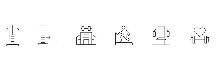 Fitness gym workout equipment machine treadmill building heart health cardio strength muscle training exercise icon vector illustration set.