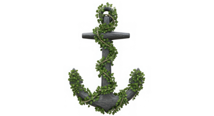 An ancient stone anchor covered in vibrant green vines, standing out against a black backdrop.