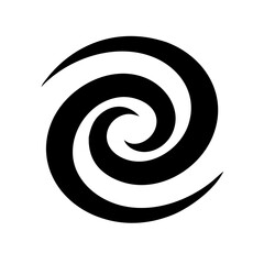 Black vector spiral galaxy icon with swirling arms representing vast star systems in deep space and astronomical universe structure