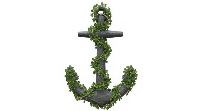 An ancient stone anchor covered in vibrant green vines, standing out against a black backdrop.