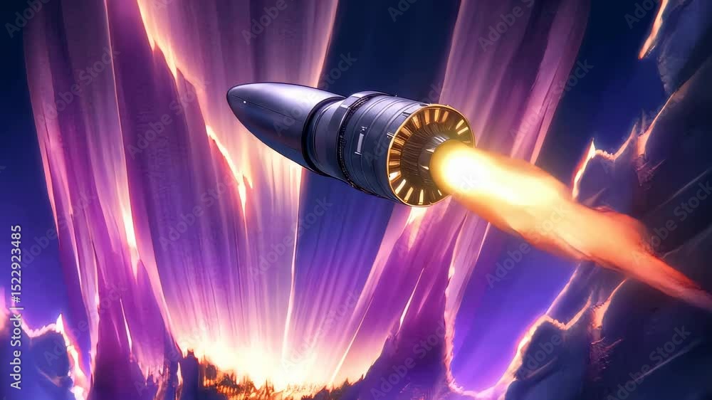 Poster dynamic rocket launch with vibrant flames and energetic motion in stylized animation