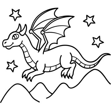 Fantasy dragon illustration, adventurous mood, featuring a dragon flying over mountains and stars in a simple line art style