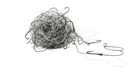 Complex ball of interwoven metal wires in a chaotic composition on a stark black background.