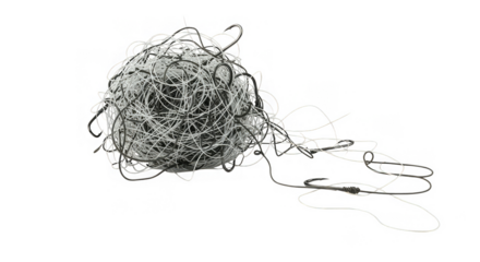 Complex ball of interwoven metal wires in a chaotic composition on a stark black background.