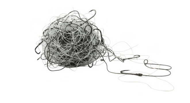 Complex ball of interwoven metal wires in a chaotic composition on a stark black background.