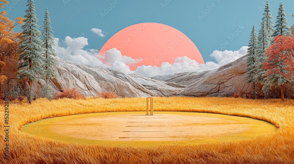 Poster cricket pitch center with visible wicket holes, isolated view of dry grass and clear space, emphasiz