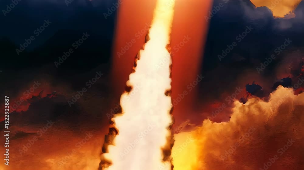Poster explosive rocket launch sequences with dynamic flames, glowing trails, and abstract animation