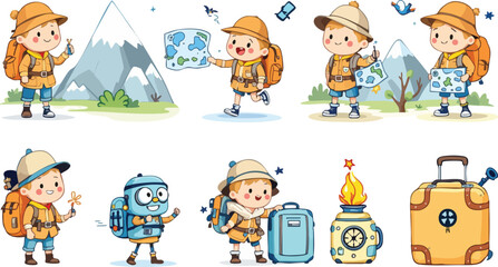 Adorable cartoon explorer children in expedition outfits preparing for a hiking adventure.