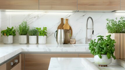 Bright and inviting modern kitchen featuring marble surfaces and natural wood elements, perfect for home decor magazines, kitchenware ads, and real estate listings
