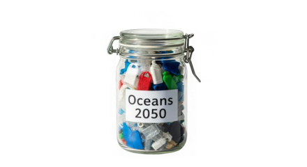 Glass jar filled with plastic waste, illustrating a future environmental issue for oceans by 2050.